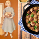 Left: The cover of Kirsten's Cook Book. Right: a skillet of Swedish meatballs.